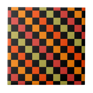 Azulejo De Cerâmica Padrão de Gingham Preto Laranja Verificado