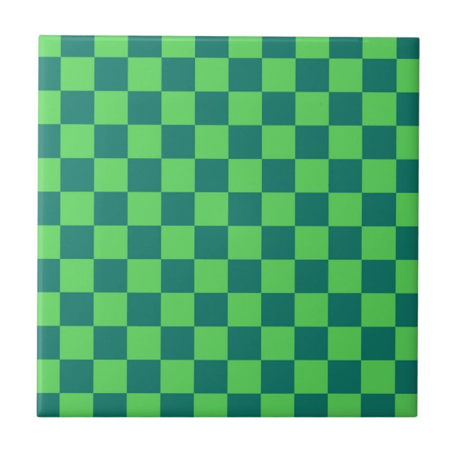 Azulejo De Cerâmica Padrão de Gingham Verde Azul (Frente)