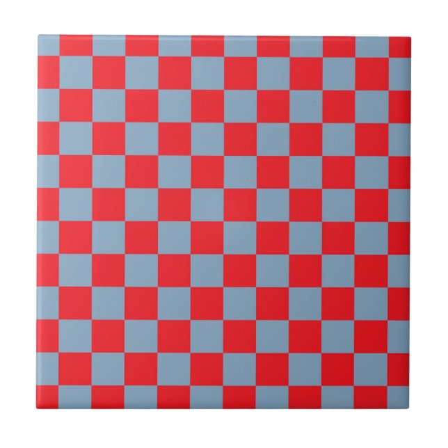 Azulejo De Cerâmica Padrão de Gingham Verificado com Azul Vermelho (Frente)