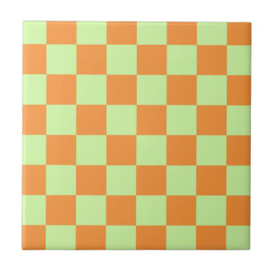 Azulejo De Cerâmica Padrão de Gingham Verificado em Laranja Verde