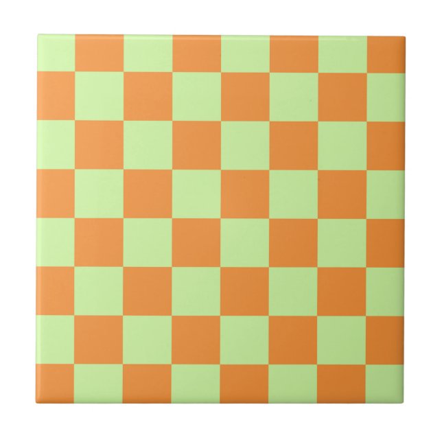 Azulejo De Cerâmica Padrão de Gingham Verificado em Laranja Verde (Frente)
