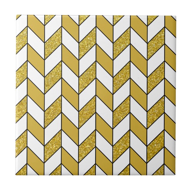 Azulejo De Cerâmica Padrão de Glitter Herringbone de Glitter Dourado E (Frente)