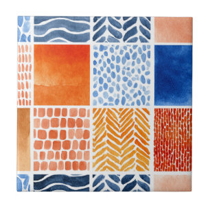 Azulejo De Cerâmica Padrão de grade de aquarela vibrante em azul e lar