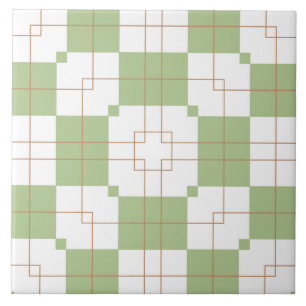 Azulejo De Cerâmica Padrão de Grade de Checkerboard Verde Sage