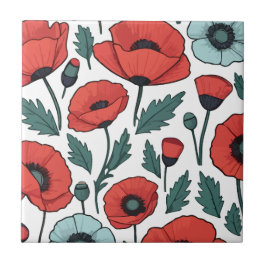 Azulejo De Cerâmica Padrão de Ilustração das Flores de Papoila Vibrant