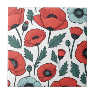 Azulejo De Cerâmica Padrão de Ilustração das Flores de Papoila Vibrant