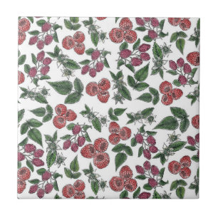 Azulejo De Cerâmica Padrão de Ilustração de Folhas de Fruta de Framboe