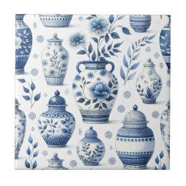 Azulejo De Cerâmica Padrão De Jar De Ginger Azul De Cor De Água Elegan