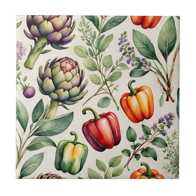 Azulejo De Cerâmica Padrão de Jardim de Legumes em Aquarela (Frente)