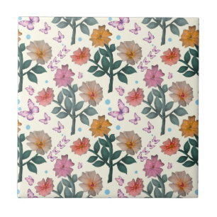 Azulejo De Cerâmica Padrão de Jardim Floral de Borboleta  