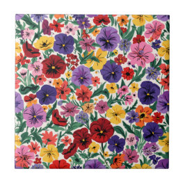 Azulejo De Cerâmica Padrão de Jardim Floral de Pensamentos Vibrantes d