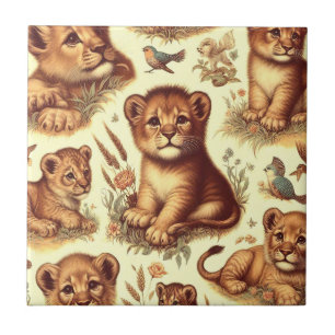 Azulejo De Cerâmica Padrão de Leão de Bebê Cute Vintage
