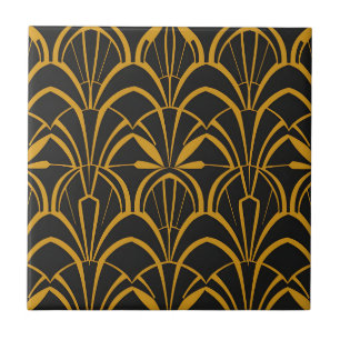 Azulejo De Cerâmica Padrão de Leque Art Déco Clássico Preto Dourado Ru