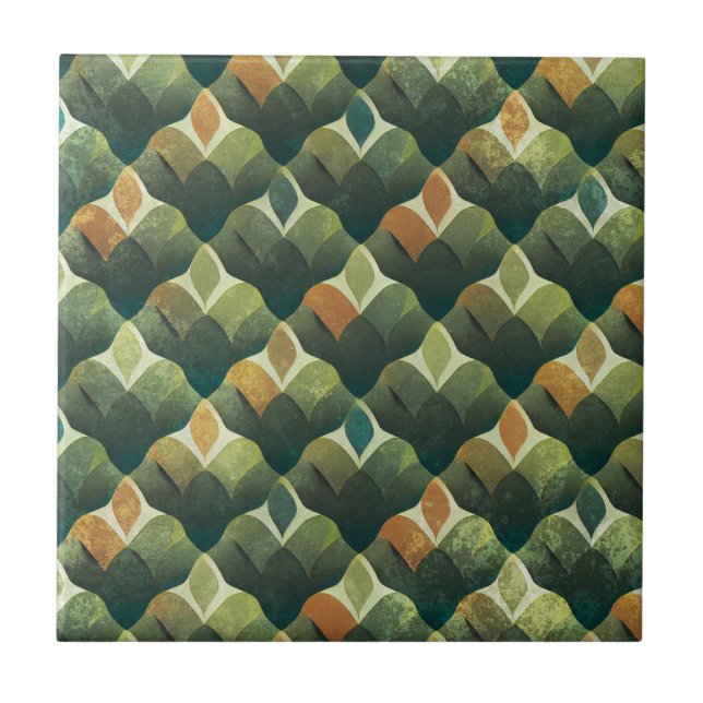 Azulejo De Cerâmica Padrão de Leque Art Déco Verde Terroso (Frente)
