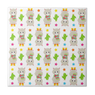 Azulejo De Cerâmica Padrão De Lhamas, Lhamas Cutas, Alpacas, Cactus