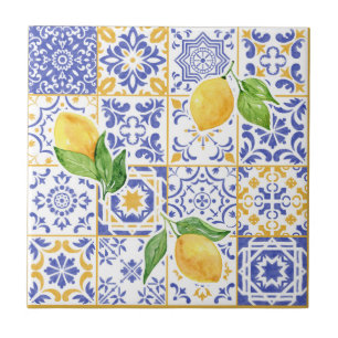 Azulejo De Cerâmica Padrão de Limão Aquarela Azul Amarelo Mediterrâneo