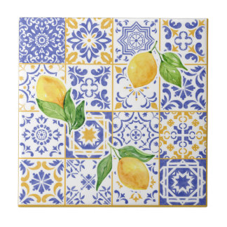 Azulejo De Cerâmica Padrão de Limão Aquarela Azul Amarelo Mediterrâneo