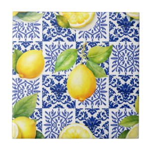 Azulejo De Cerâmica Padrão de Limão Azul Branco Mediterrâneo Citrino