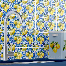 Azulejo De Cerâmica Padrão de Limão Mediterrâneo Branco Azul