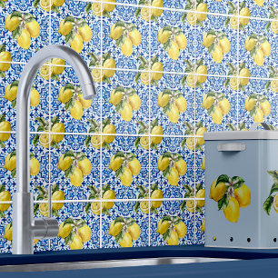 Azulejo De Cerâmica Padrão de Limão Mediterrâneo Branco Azul