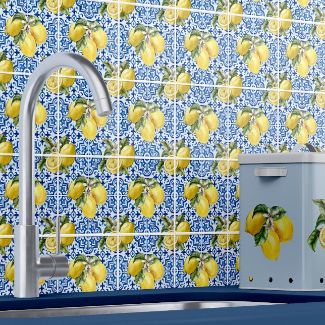 Azulejo De Cerâmica Padrão de Limão Mediterrâneo Branco Azul (Criador carregado)