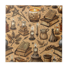 Azulejo De Cerâmica Padrão de Livros e Velas de Bruxaria Vintage (2)