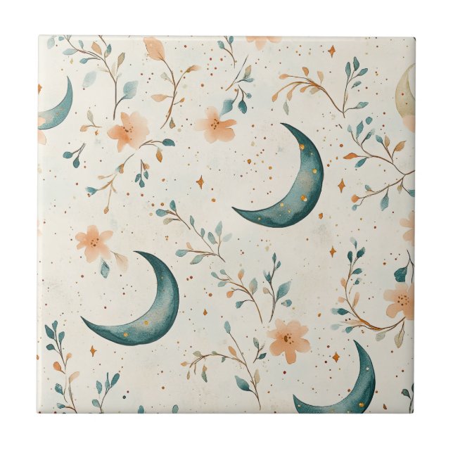 Azulejo De Cerâmica Padrão de Lua Floral Boho Celestial (1) (Frente)