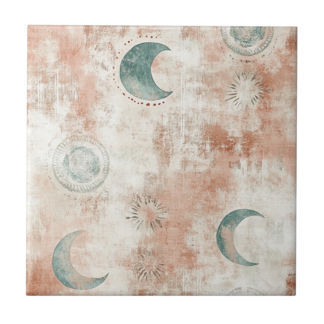 Azulejo De Cerâmica Padrão de Lua Floral Boho Celestial (10) (Frente)