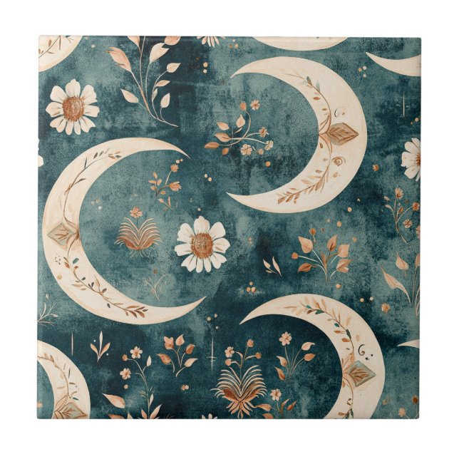 Azulejo De Cerâmica Padrão de Lua Floral Boho Celestial (9) (Frente)