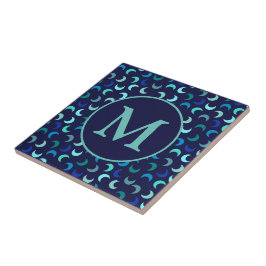 Azulejo De Cerâmica Padrão de Lua Nova Azul Monograma