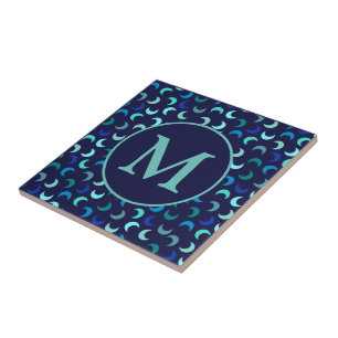 Azulejo De Cerâmica Padrão de Lua Nova Azul Monograma