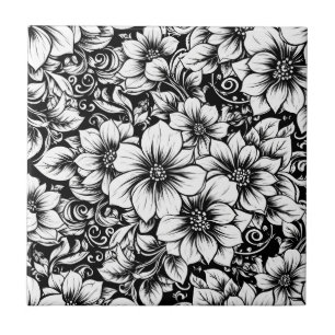 Azulejo De Cerâmica Padrão de Luxo Floral Monocromático Chic (1)