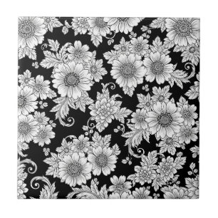 Azulejo De Cerâmica Padrão de Luxo Floral Monocromático Chic (2)