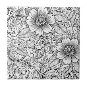 Azulejo De Cerâmica Padrão de Luxo Floral Monocromático Chic (3)