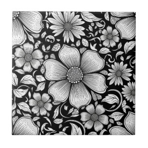 Azulejo De Cerâmica Padrão de Luxo Floral Monocromático Chic (6)