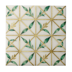 Azulejo De Cerâmica Padrão de Luxo Folha Esmeralda Geométrica Dourada