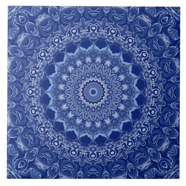 Azulejo De Cerâmica Padrão de Mandala Azul com Simetria de Explosão de (Frente)