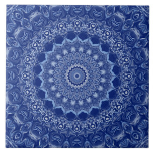 Azulejo De Cerâmica Padrão de Mandala Azul com Simetria de Starburst