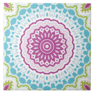 Azulejo De Cerâmica Padrão de Mandala Azul Magenta e Verde