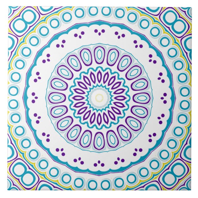 Azulejo De Cerâmica Padrão de Mandala Azul-verde e Violeta (Frente)