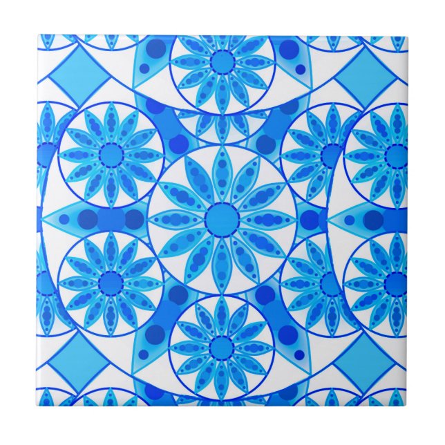 Azulejo De Cerâmica Padrão de mandala, cobalto, turquesa e branco (Frente)