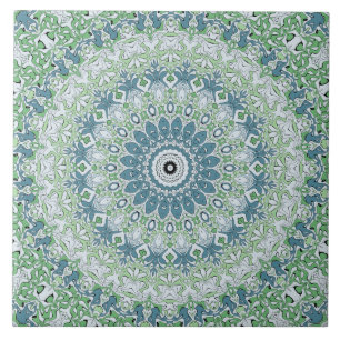 Azulejo De Cerâmica Padrão de Mandala Costeira Azul e Verde Marinho