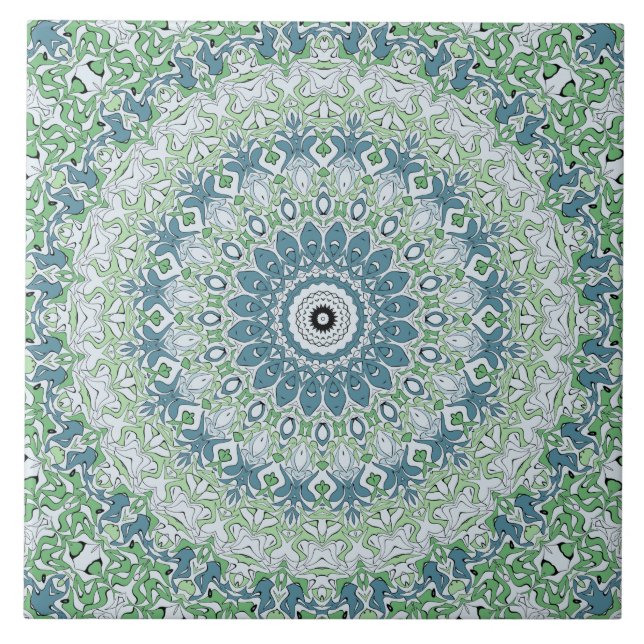 Azulejo De Cerâmica Padrão de Mandala Costeira Verde e Azul (Frente)