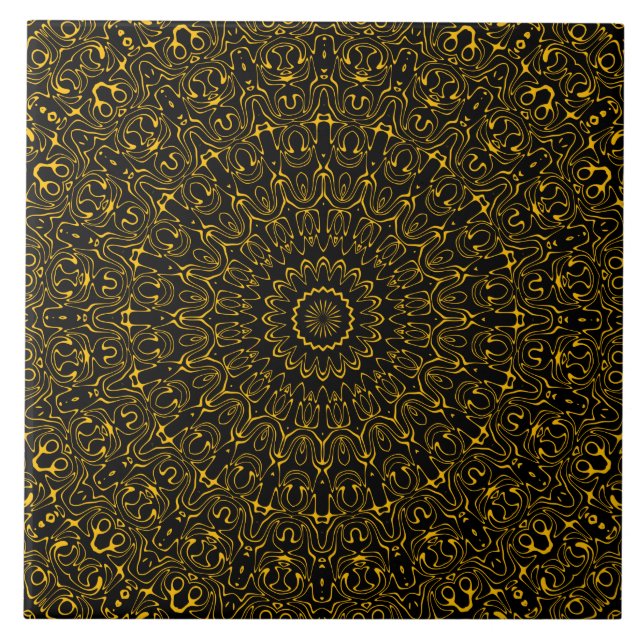 Azulejo De Cerâmica Padrão de Mandala Dourada com Simetria Radiante (Frente)