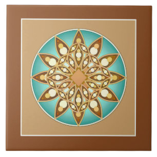 Azulejo De Cerâmica Padrão de Mandala em bronzeado, creme e turquesa