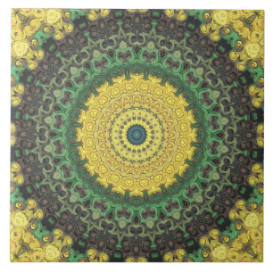Azulejo De Cerâmica Padrão de Mandala em Caleidoscópio Amarelo e Verde