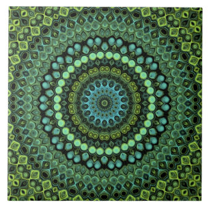 Azulejo De Cerâmica Padrão de Mandala em Caleidoscópio Verde e Turques