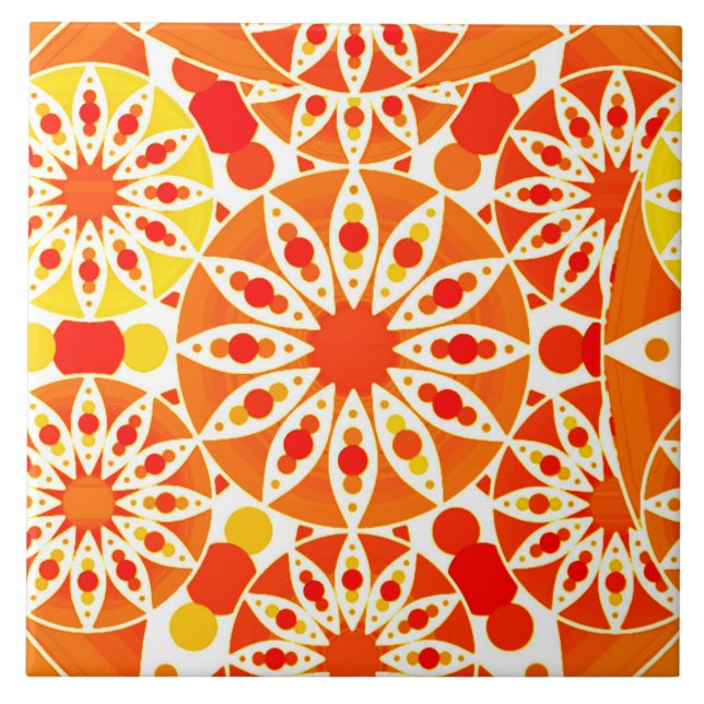 Azulejo De Cerâmica Padrão de Mandala em laranja-coral e Dourado (Frente)