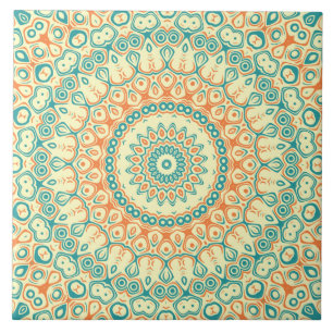 Azulejo De Cerâmica Padrão de Mandala em Verde Água Tropical e Laranja