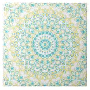 Azulejo De Cerâmica Padrão de Mandala Geométrico Azul Turquesa e Amare